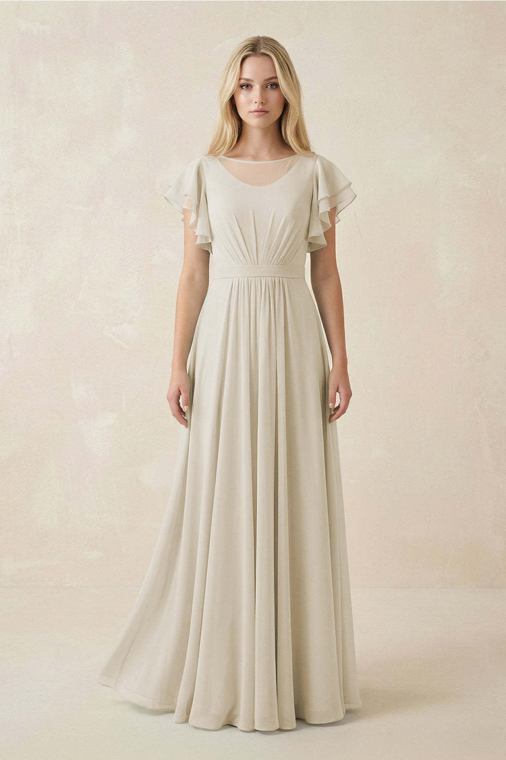 Cap Sleeve Ruffled A - Line Chiffon Bridesmaid Dress in Dove Gray - KissProm Bridesmaid Dresses