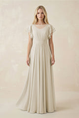 Cap Sleeve Ruffled A - Line Chiffon Bridesmaid Dress in Dove Gray - KissProm Bridesmaid Dresses