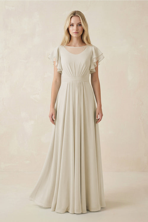 Cap Sleeve Ruffled A - Line Chiffon Bridesmaid Dress in Dove Gray - KissProm Bridesmaid Dresses