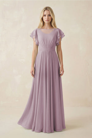 Cap Sleeve Ruffled A - Line Chiffon Bridesmaid Dress in Dusk - KissProm Bridesmaid Dresses