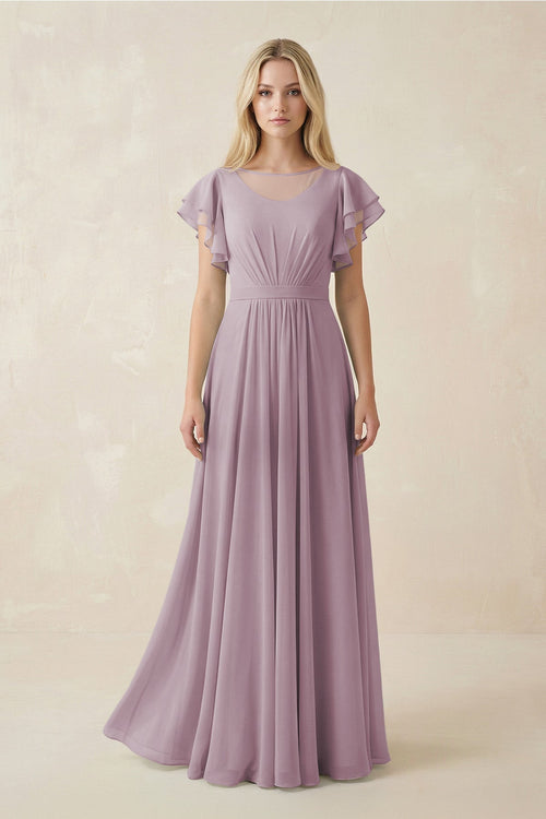 Cap Sleeve Ruffled A - Line Chiffon Bridesmaid Dress in Dusk - KissProm Bridesmaid Dresses