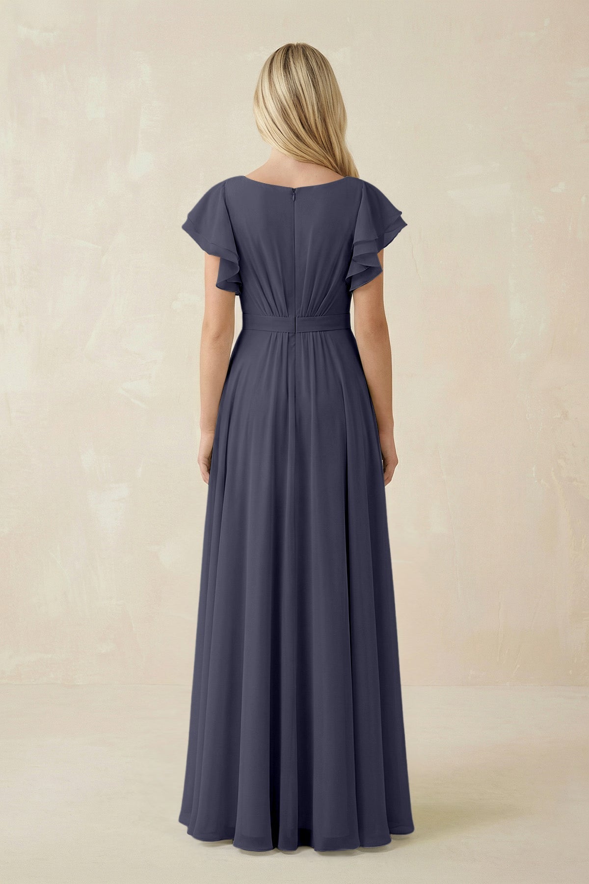 KissProm Cap Sleeve Ruffled A-Line Chiffon Bridesmaid Dress in Dusk Blue, Dusk Blue / 14