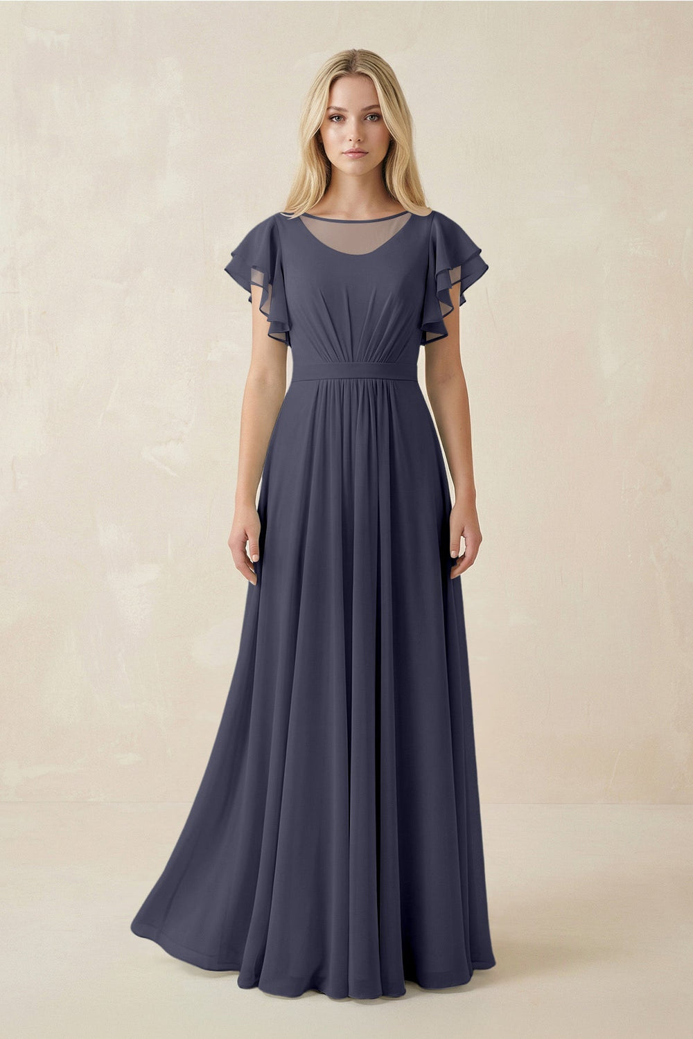 Cap Sleeve Ruffled A - Line Chiffon Bridesmaid Dress in Dusk Blue - KissProm Bridesmaid Dresses
