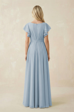 Cap Sleeve Ruffled A - Line Chiffon Bridesmaid Dress in Dusty Blue - KissProm Bridesmaid Dresses
