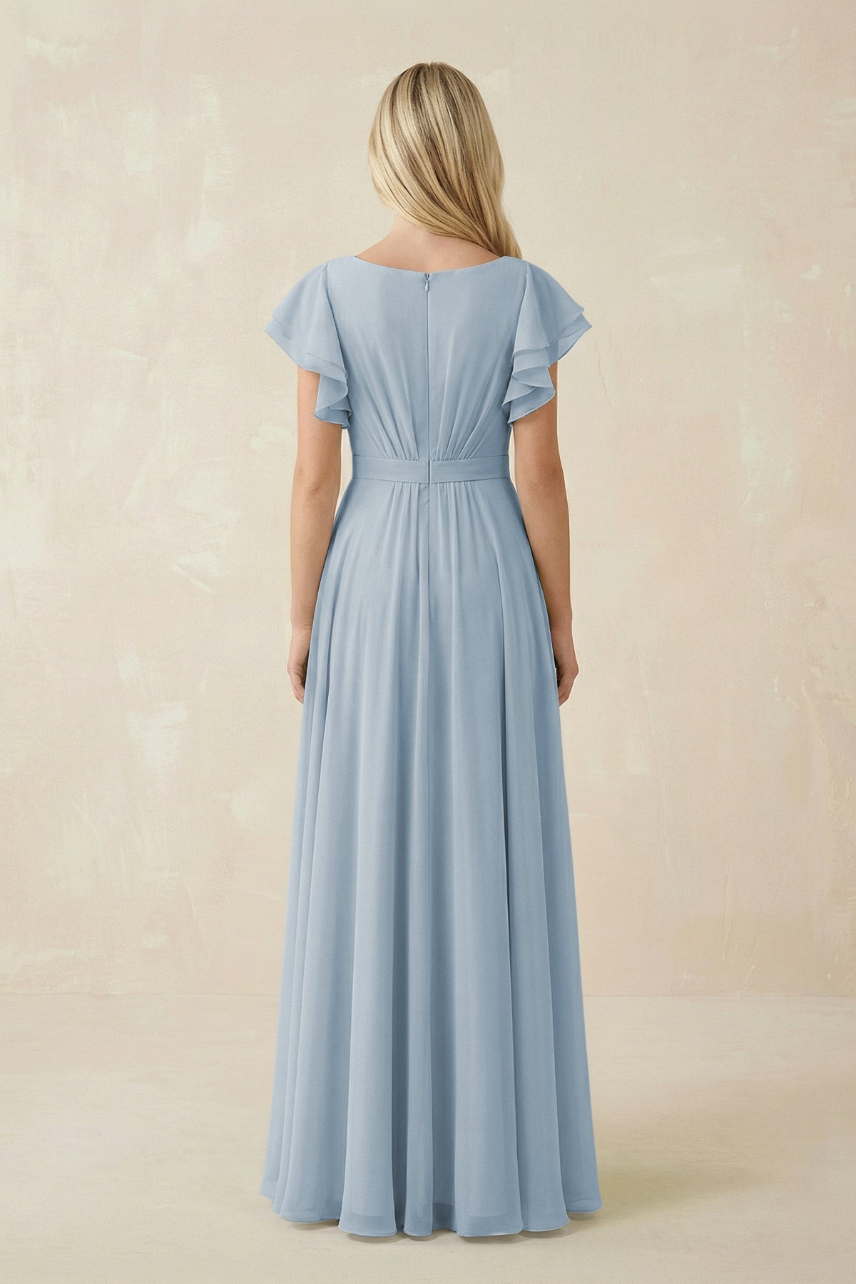 Cap Sleeve Ruffled A-Line Chiffon Bridesmaid Dress in Dusty Blue, Dusty Blue / 30