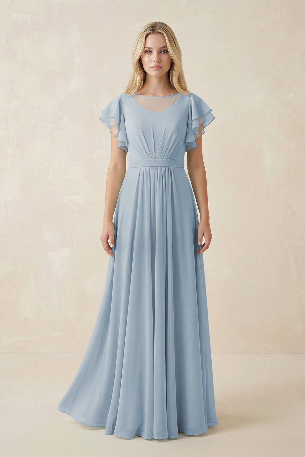 Cap Sleeve Ruffled A - Line Chiffon Bridesmaid Dress in Dusty Blue - KissProm Bridesmaid Dresses