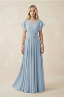 Cap Sleeve Ruffled A - Line Chiffon Bridesmaid Dress in Dusty Blue - KissProm Bridesmaid Dresses