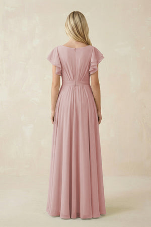 Cap Sleeve Ruffled A - Line Chiffon Bridesmaid Dress in Dusty Rose - KissProm Bridesmaid Dresses