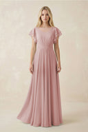 Cap Sleeve Ruffled A - Line Chiffon Bridesmaid Dress in Dusty Rose - KissProm Bridesmaid Dresses