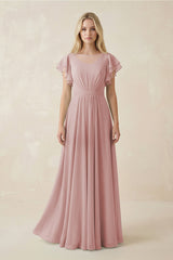 Cap Sleeve Ruffled A - Line Chiffon Bridesmaid Dress in Dusty Rose - KissProm Bridesmaid Dresses