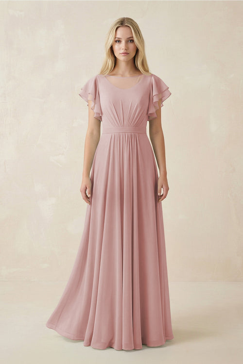 Cap Sleeve Ruffled A - Line Chiffon Bridesmaid Dress in Dusty Rose - KissProm Bridesmaid Dresses