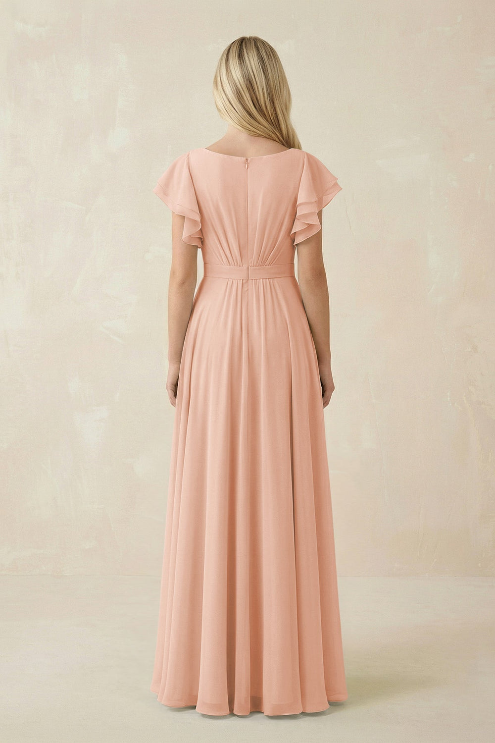 Cap Sleeve Ruffled A - Line Chiffon Bridesmaid Dress in English Rose - KissProm Bridesmaid Dresses