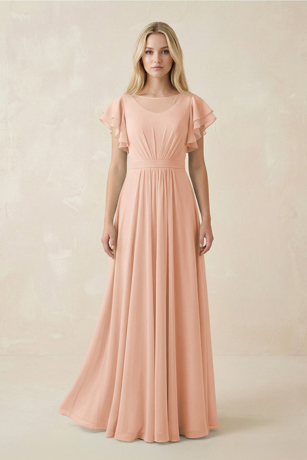 Cap Sleeve Ruffled A - Line Chiffon Bridesmaid Dress in English Rose - KissProm Bridesmaid Dresses