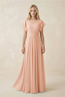Cap Sleeve Ruffled A - Line Chiffon Bridesmaid Dress in English Rose - KissProm Bridesmaid Dresses