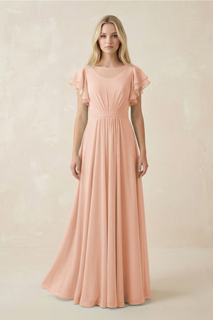 Cap Sleeve Ruffled A - Line Chiffon Bridesmaid Dress in English Rose - KissProm Bridesmaid Dresses