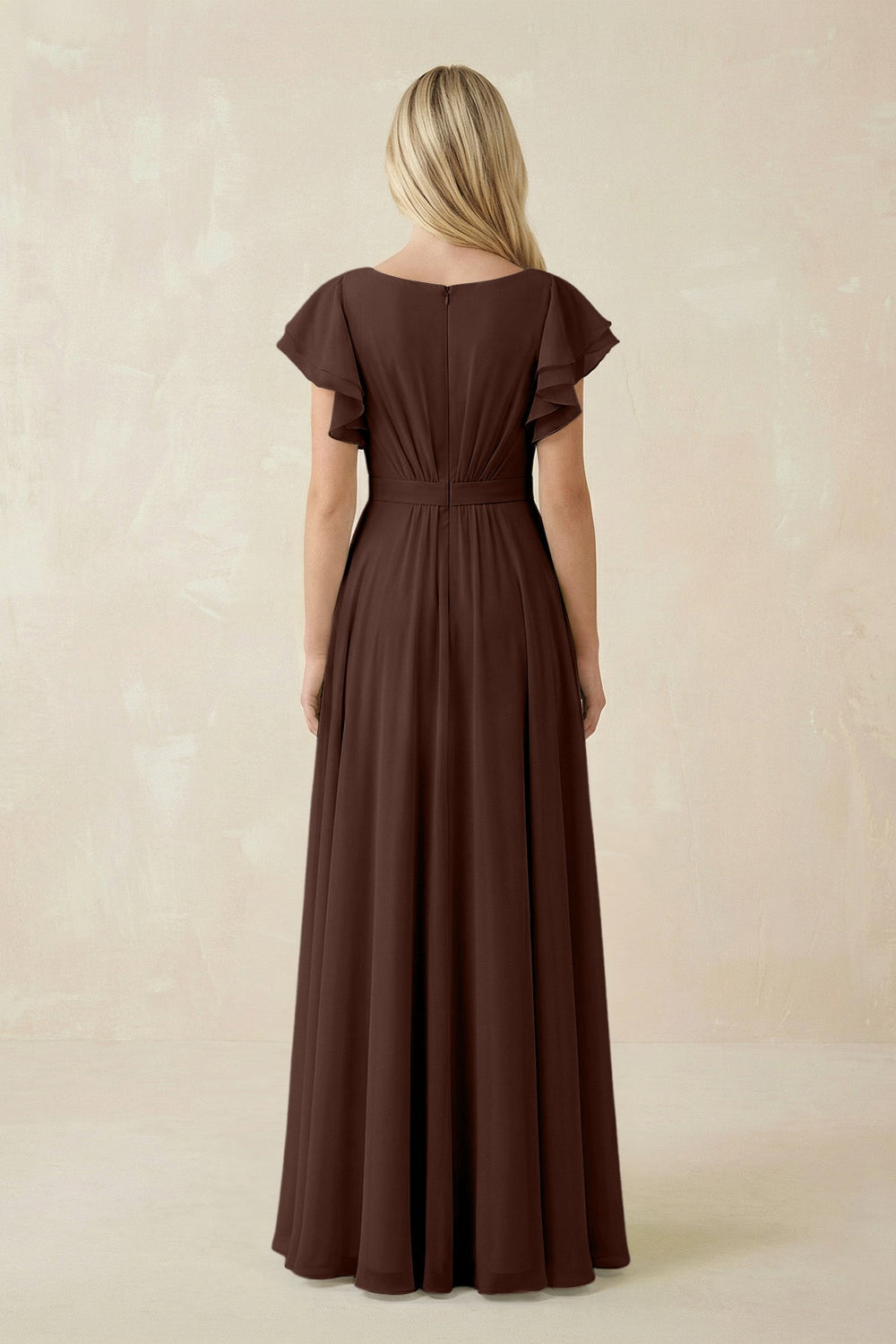 Cap Sleeve Ruffled A - Line Chiffon Bridesmaid Dress in Espresso - KissProm Bridesmaid Dresses