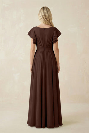 Cap Sleeve Ruffled A - Line Chiffon Bridesmaid Dress in Espresso - KissProm Bridesmaid Dresses