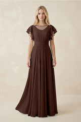 Cap Sleeve Ruffled A - Line Chiffon Bridesmaid Dress in Espresso - KissProm Bridesmaid Dresses