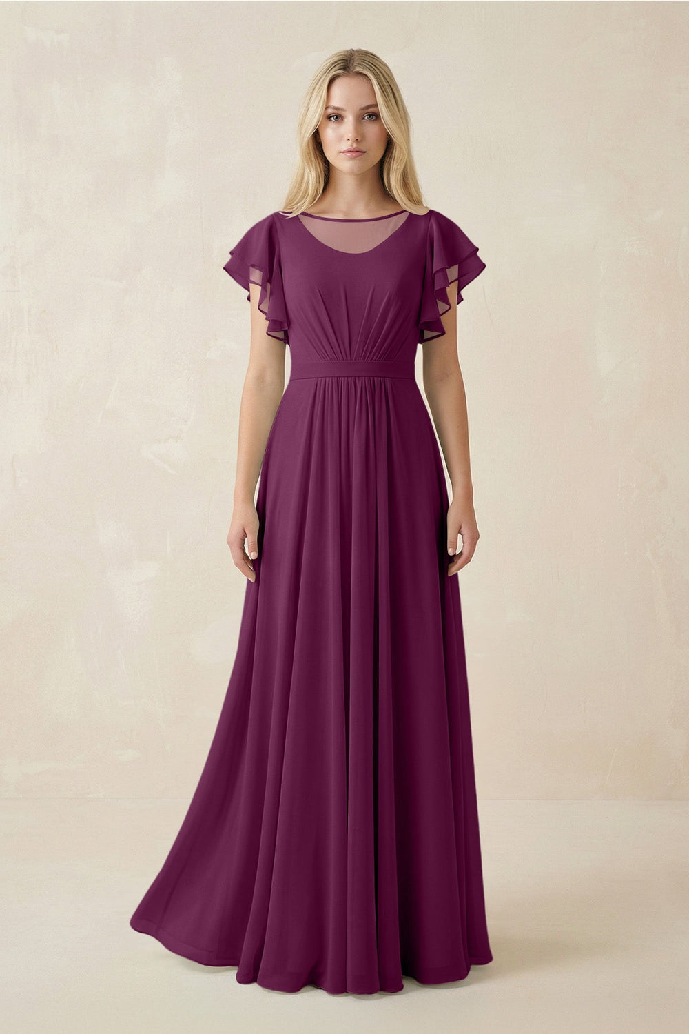 Cap Sleeve Ruffled A - Line Chiffon Bridesmaid Dress in Fig - KissProm Bridesmaid Dresses