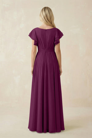 Cap Sleeve Ruffled A - Line Chiffon Bridesmaid Dress in Fig - KissProm Bridesmaid Dresses