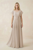 Cap Sleeve Ruffled A - Line Chiffon Bridesmaid Dress in Frost - KissProm Bridesmaid Dresses