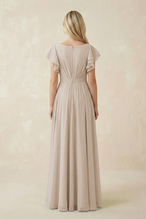 Cap Sleeve Ruffled A - Line Chiffon Bridesmaid Dress in Frost - KissProm Bridesmaid Dresses