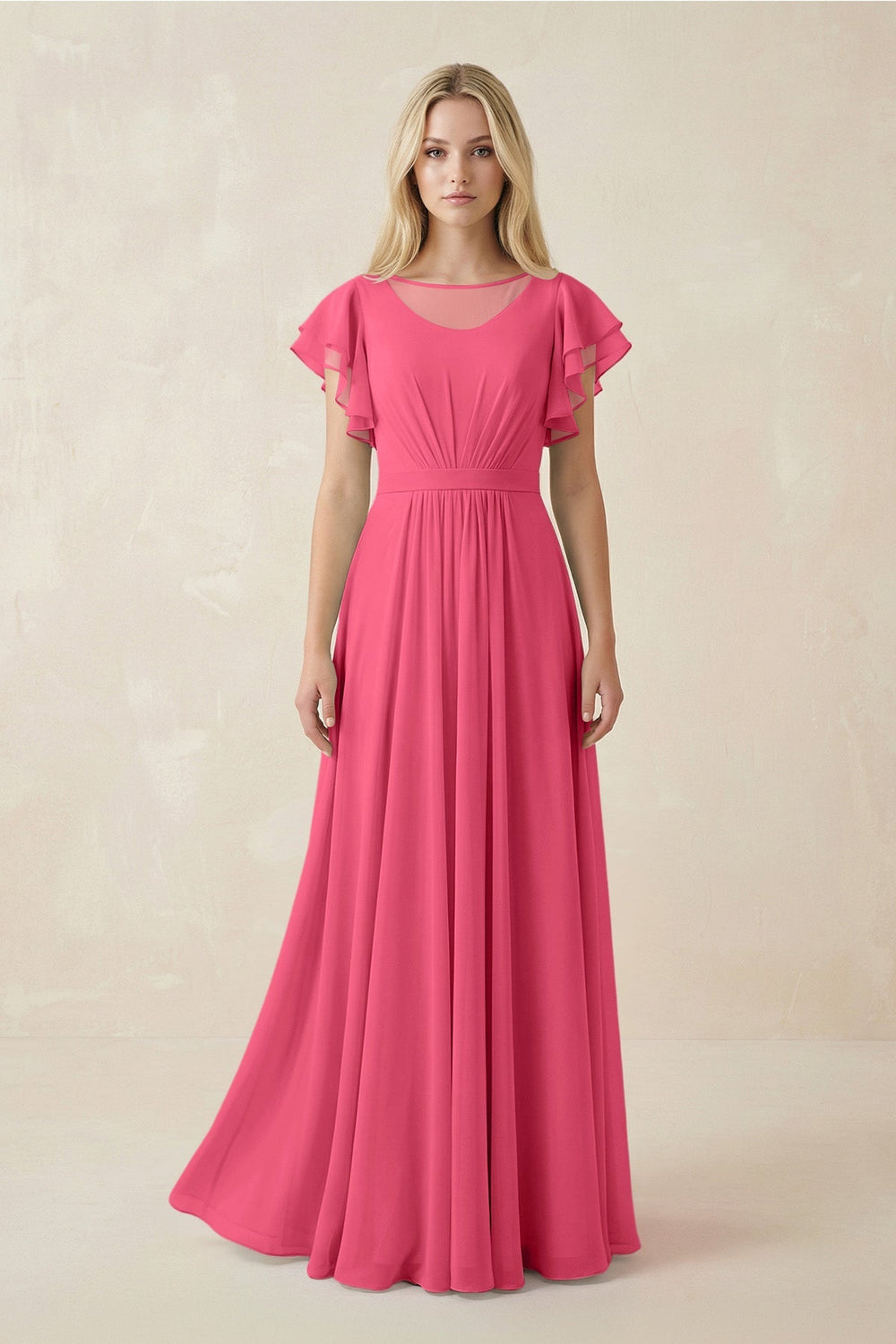 Cap Sleeve Ruffled A - Line Chiffon Bridesmaid Dress in Fuchsia - KissProm Bridesmaid Dresses