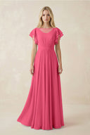 Cap Sleeve Ruffled A - Line Chiffon Bridesmaid Dress in Fuchsia - KissProm Bridesmaid Dresses