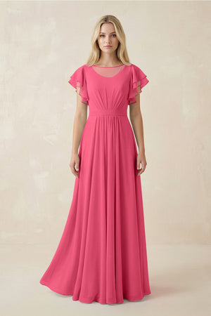 Cap Sleeve Ruffled A - Line Chiffon Bridesmaid Dress in Fuchsia - KissProm Bridesmaid Dresses