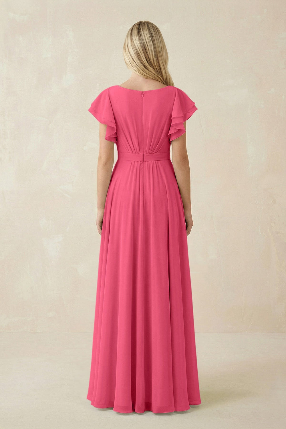 Cap Sleeve Ruffled A - Line Chiffon Bridesmaid Dress in Fuchsia - KissProm Bridesmaid Dresses