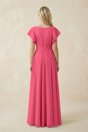 Cap Sleeve Ruffled A - Line Chiffon Bridesmaid Dress in Fuchsia - KissProm Bridesmaid Dresses