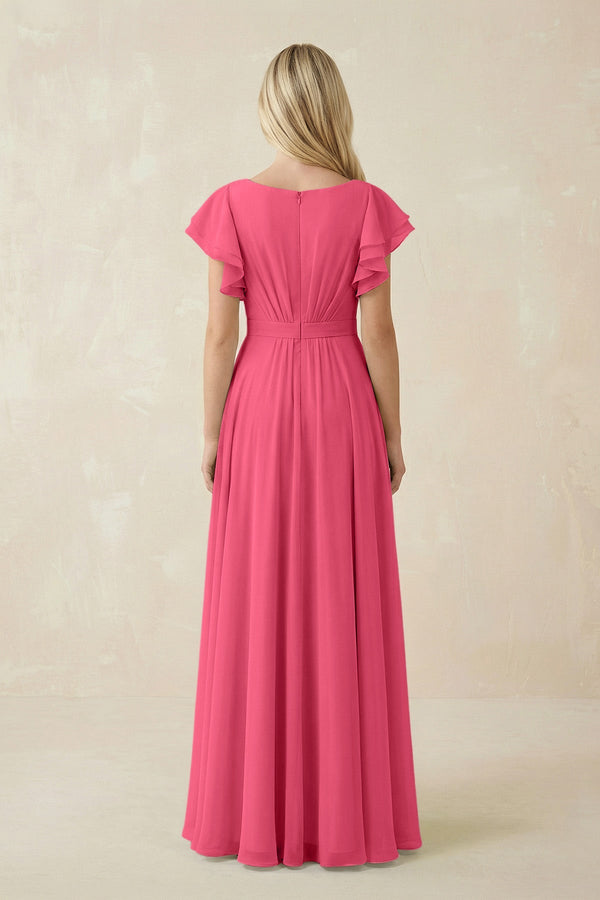 Cap Sleeve Ruffled A - Line Chiffon Bridesmaid Dress in Fuchsia - KissProm Bridesmaid Dresses