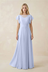 Cap Sleeve Ruffled A - Line Chiffon Bridesmaid Dress in Ice - KissProm Bridesmaid Dresses