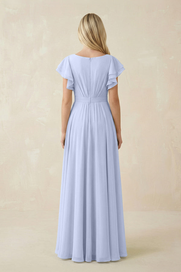 KissProm Cap Sleeve Ruffled A-Line Chiffon Bridesmaid Dress in Ice, Ice / 18