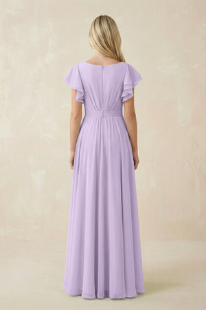 Cap Sleeve Ruffled A - Line Chiffon Bridesmaid Dress in Lavender - KissProm Bridesmaid Dresses