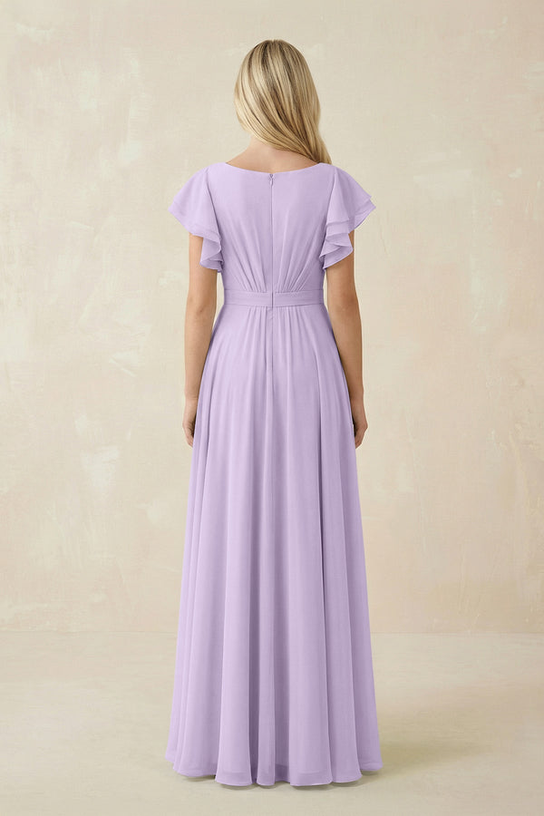 Cap Sleeve Ruffled A - Line Chiffon Bridesmaid Dress in Lavender - KissProm Bridesmaid Dresses