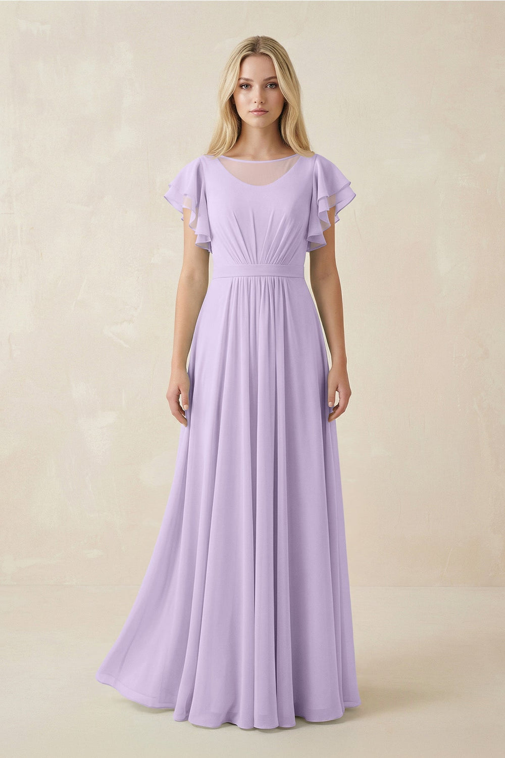 Cap Sleeve Ruffled A - Line Chiffon Bridesmaid Dress in Lavender - KissProm Bridesmaid Dresses