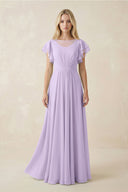Cap Sleeve Ruffled A - Line Chiffon Bridesmaid Dress in Lavender - KissProm Bridesmaid Dresses