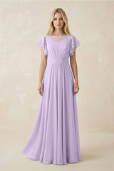 Cap Sleeve Ruffled A - Line Chiffon Bridesmaid Dress in Lavender - KissProm Bridesmaid Dresses