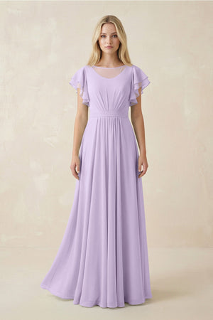 Cap Sleeve Ruffled A - Line Chiffon Bridesmaid Dress in Lavender - KissProm Bridesmaid Dresses
