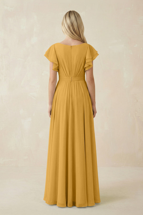 Cap Sleeve Ruffled A - Line Chiffon Bridesmaid Dress in Marigold - KissProm Bridesmaid Dresses