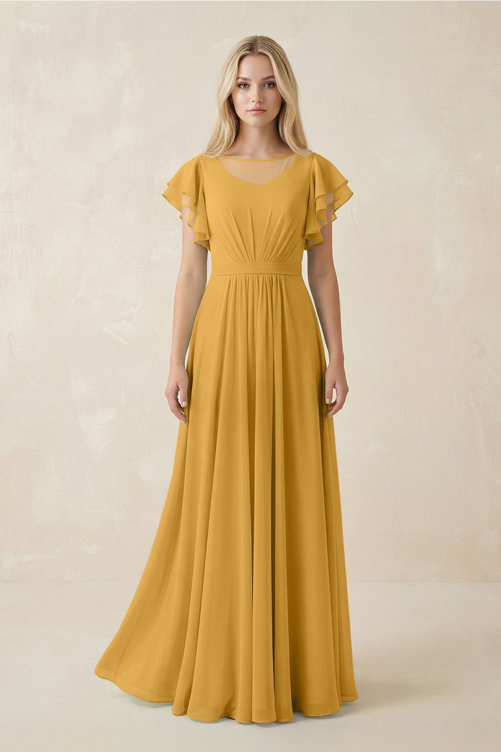 Cap Sleeve Ruffled A - Line Chiffon Bridesmaid Dress in Marigold - KissProm Bridesmaid Dresses