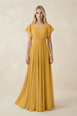 Cap Sleeve Ruffled A - Line Chiffon Bridesmaid Dress in Marigold - KissProm Bridesmaid Dresses