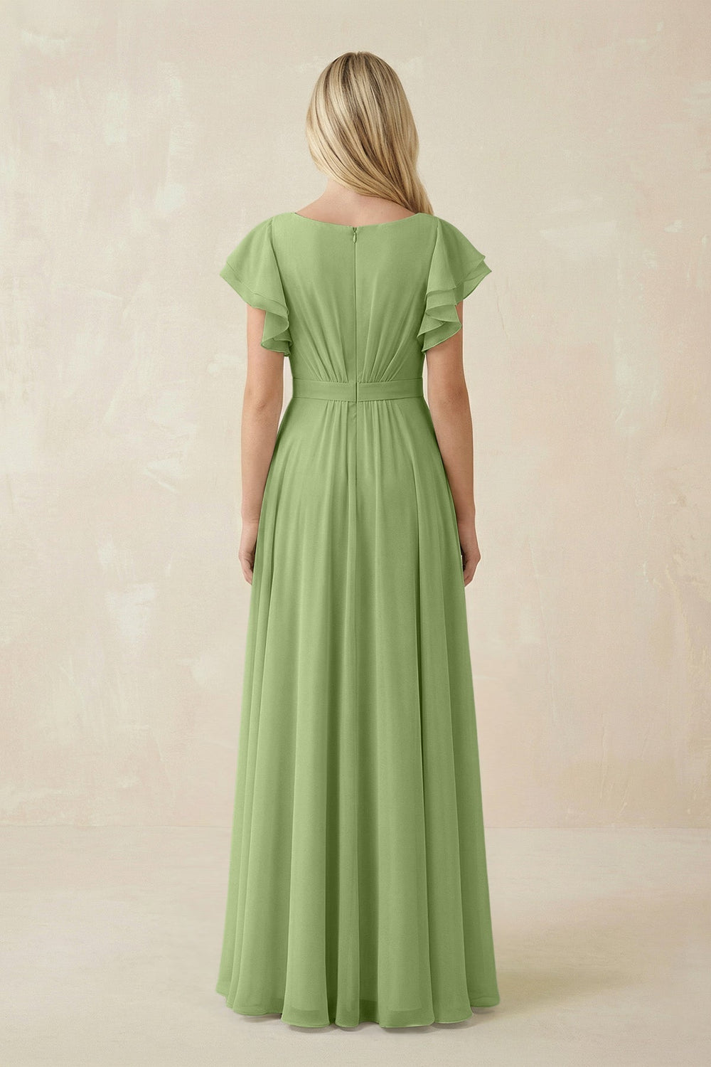 Cap Sleeve Ruffled A - Line Chiffon Bridesmaid Dress in Matcha - KissProm Bridesmaid Dresses