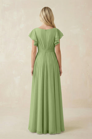 Cap Sleeve Ruffled A - Line Chiffon Bridesmaid Dress in Matcha - KissProm Bridesmaid Dresses