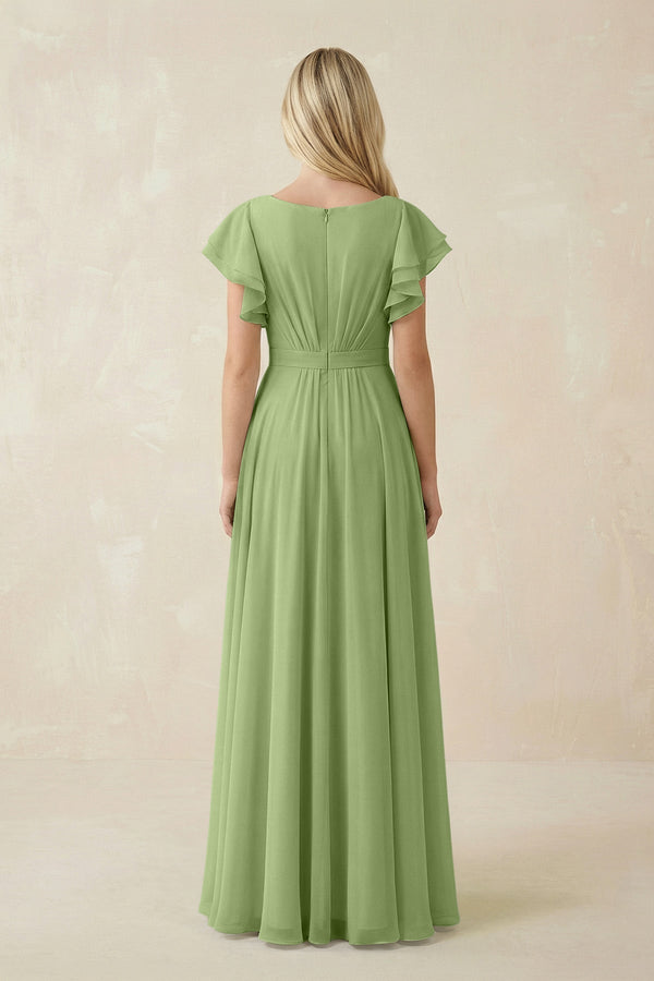 Cap Sleeve Ruffled A-Line Chiffon Bridesmaid Dress in Matcha, Matcha / 18