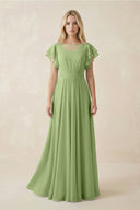 Cap Sleeve Ruffled A - Line Chiffon Bridesmaid Dress in Matcha - KissProm Bridesmaid Dresses