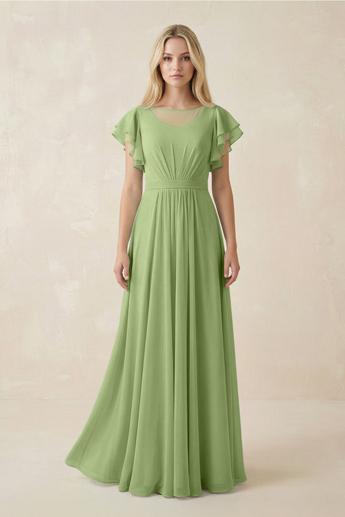 Cap Sleeve Ruffled A - Line Chiffon Bridesmaid Dress in Matcha - KissProm Bridesmaid Dresses