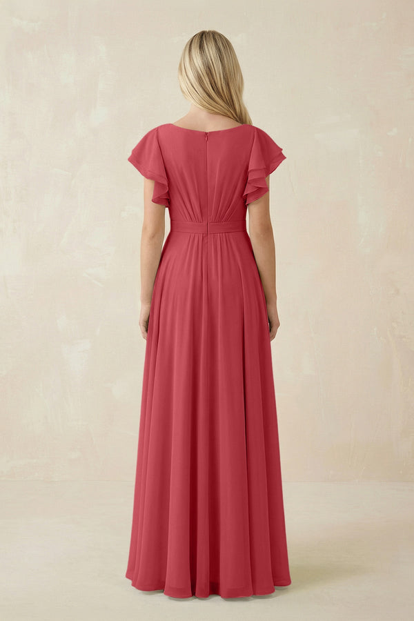 KissProm Cap Sleeve Ruffled A-Line Chiffon Bridesmaid Dress in Merlot, Merlot / 24