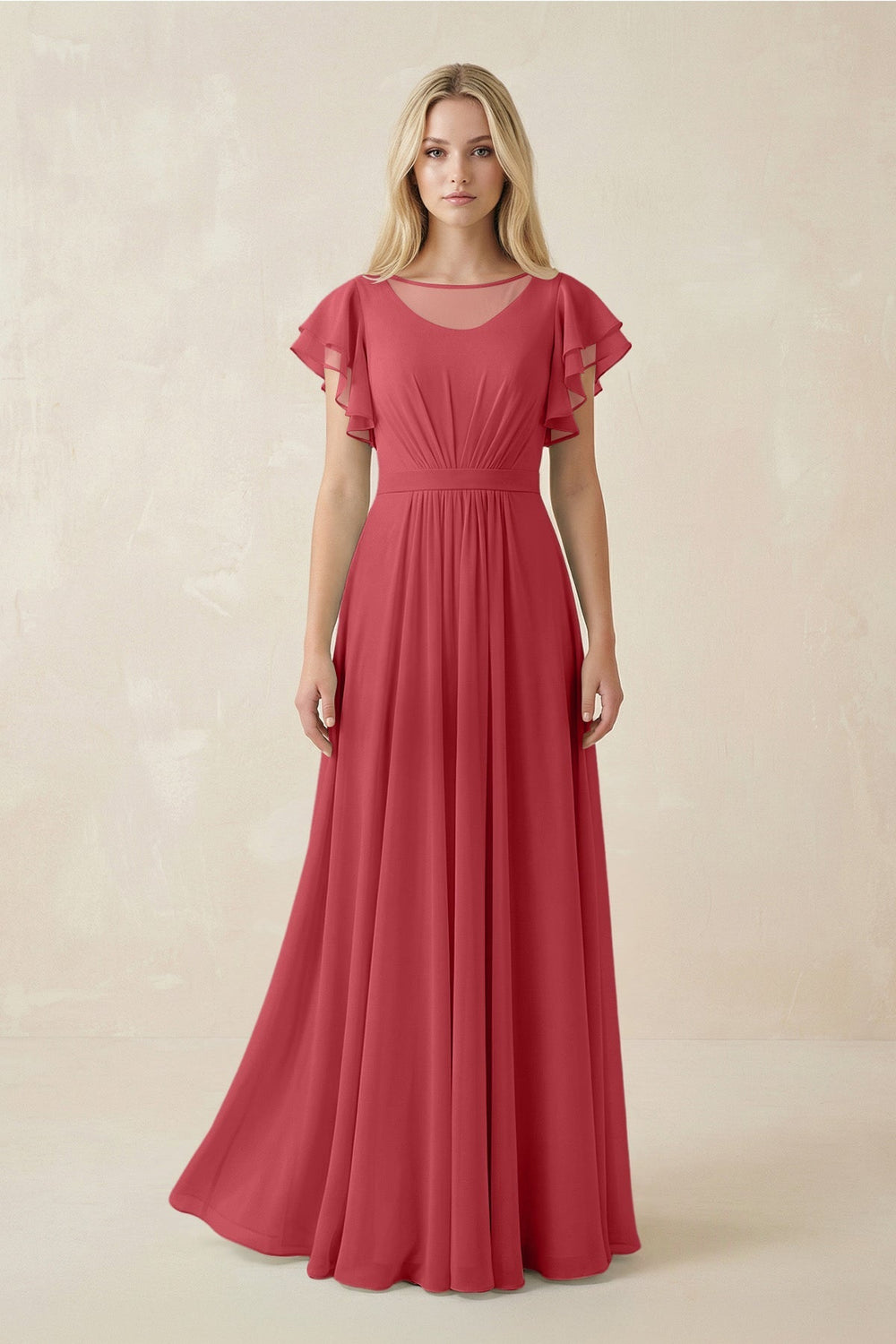 Cap Sleeve Ruffled A - Line Chiffon Bridesmaid Dress in Merlot - KissProm Bridesmaid Dresses